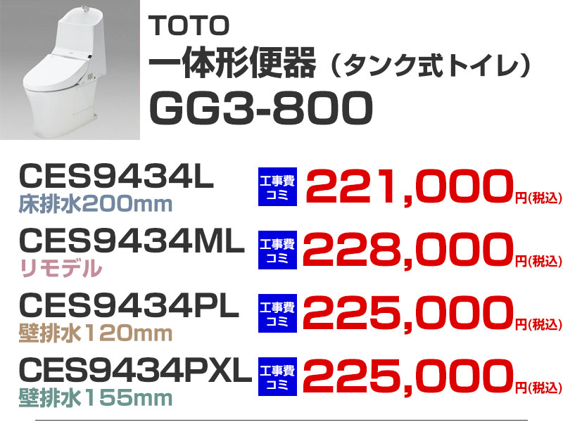 TOTOトイレリフォーム GG-800 一体形便器 GG3-800