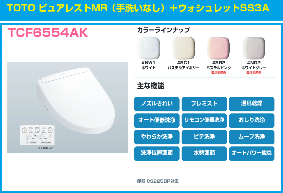 TOTO ピュアレストMR 手洗いなし ウォシュレットSS3A TCF6554AKセット